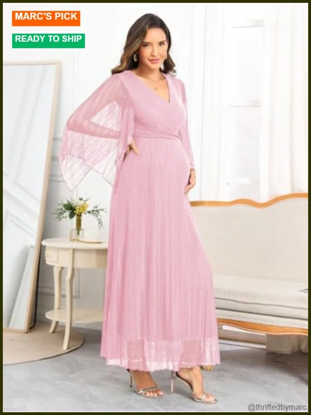 Maternity Sparkly Mesh Maxi Dress Handkerchief Sleeves Wrap V Neck Flowy Baby